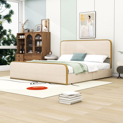 4 Drawers Metal Platform Bed with Upholstered Headboard