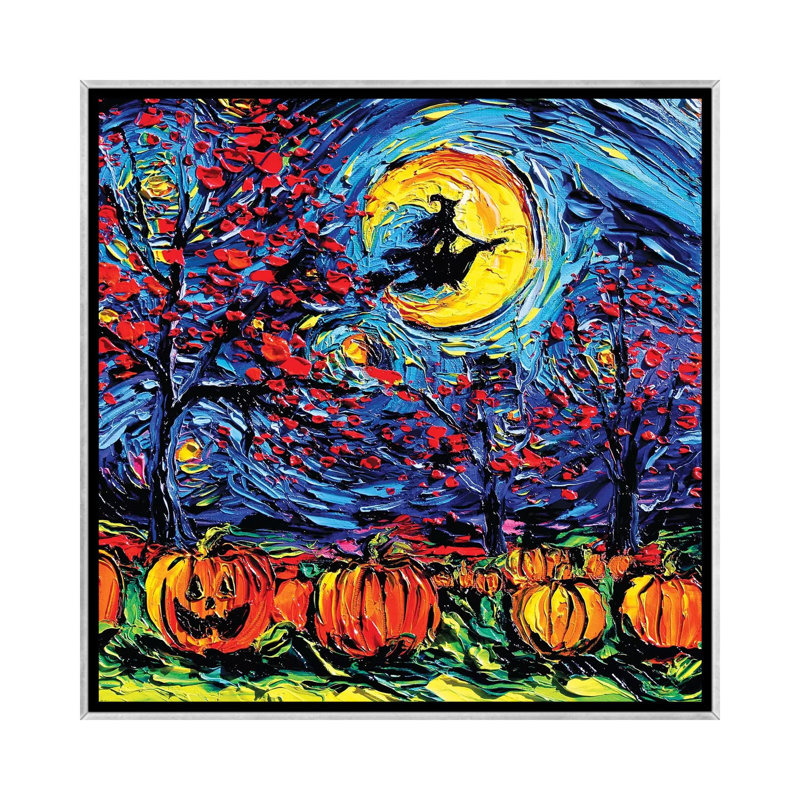 Reproduction d’art, "Starry Halloween" par aja Trèves, H 37 po x l 37 po x P 1,5 po, Toile avec cadre argenté, Pas de tapis