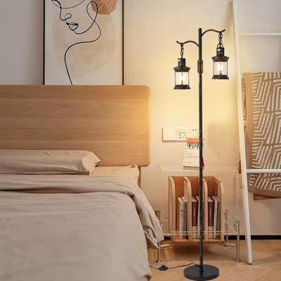 Vintage Dimmable Floor Lamp With 2 Rustic Lanterns, Black Farmhouse Standing Lamp, Bedroom Living Room