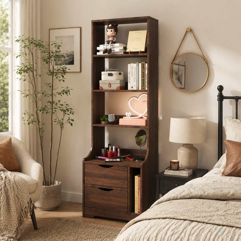 Table de chevet avec bibliothèque, table de chevet avec 2 tiroirs de rangement pour la chambre à coucher, Noyer