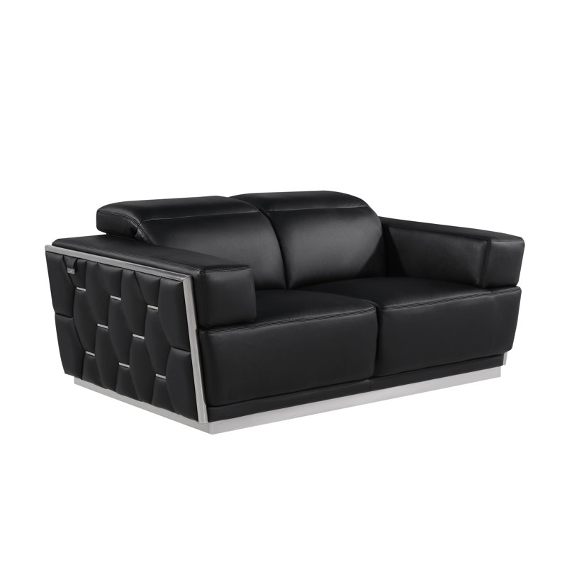 Sylvian Top Grain Genuine Italian Leather Loveseat, Black, Chrome
