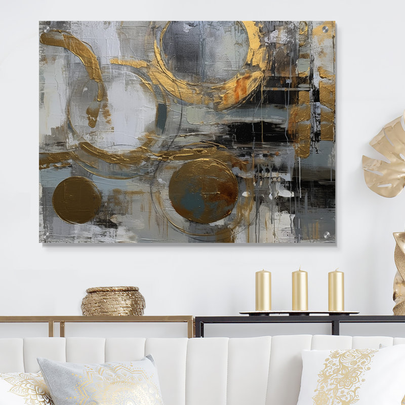 Or et gris Radical Simplicity II - abstrait art mural Mid-Century en acrylique, H 16 po x l 32 po