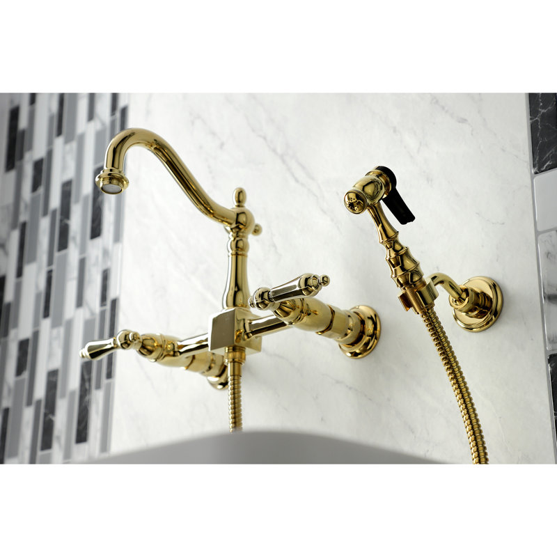 Kingston Brass Heritage Double-Handle 3-Hole Wall-Mount Bridge Kitchen Faucet with Brass Sprayer, Light Gold