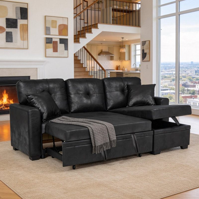 Canapé modulaire en L avec lit escamotable, Polyuréthane noir