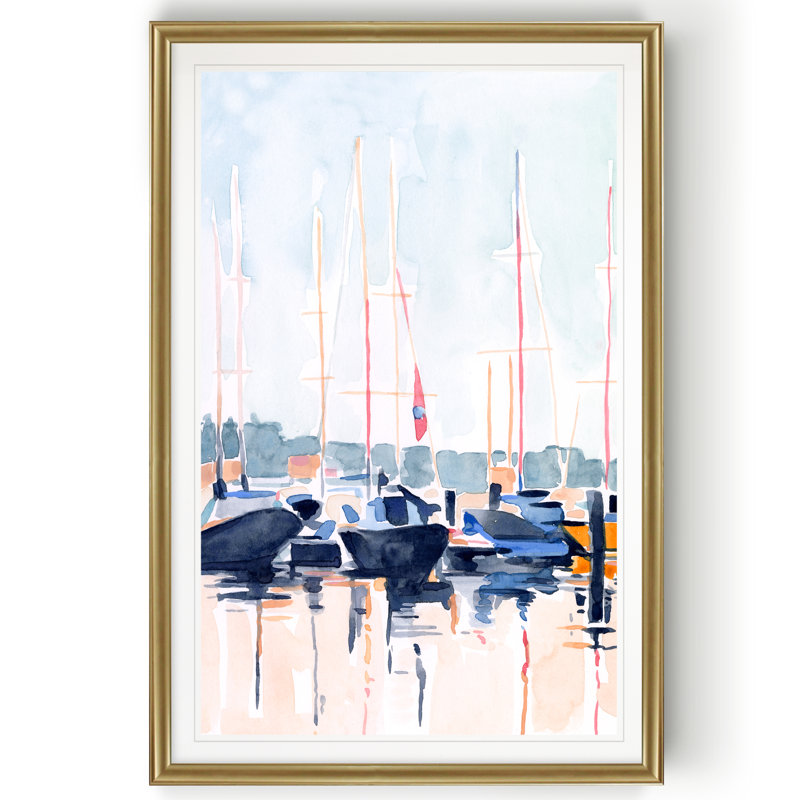 «Watercolor Boat Club II» par Emma Scarvey - reproduction d'art sur toile, H 22,5 po x l 30,5 po, Impression encadrée, Doré