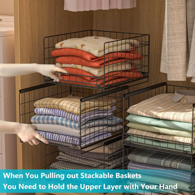 3 Tier Sliding Closet Organizers and Drawer Storage Shelves, Stackable Storage Bins for Jean Pants Sweaters, Storage Container for Wardrobe Cupboard Kitchen Bathroom Office, Black