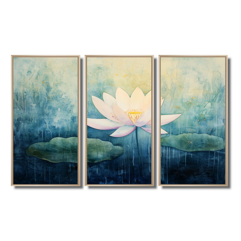 Addix - lot d'art mural lotus, Naturel, Reproduction avec cadre flottant, H 28 po x l 36 po