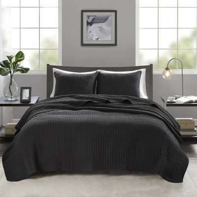 Courtepointe noire simple / simple TG, combinaison de microfibre et de coton, réversible pour changer les climats, 2 pièces avec 1 taie décorative, piqûre à piqûre à piqûres Artistique XL, noir, coton, ajustements saisonniers,