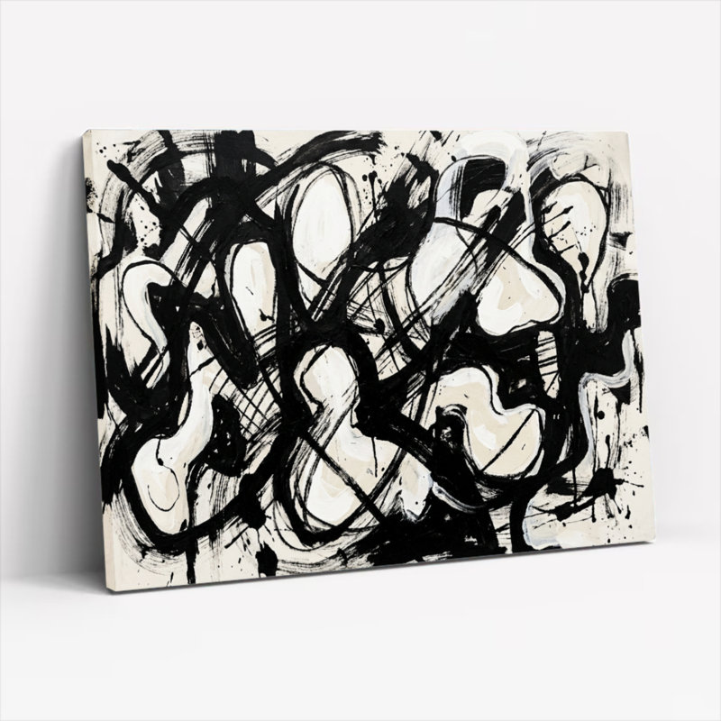 Ensemble de 1 tableau abstrait noir et blanc à coups de pinceau sur toile tendue, H 20 po x l 30 po