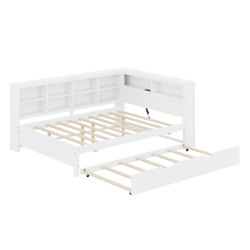 Daybed Including Trundle, Storage Shelf and USB Ports, Multi-Functional Design for Apartments, White