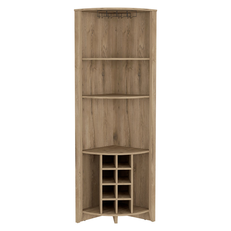 Armoire de coin, trois tablettes, huit porte-bouteilles encastrés, deux tablettes latérales Macadamia, Chêne clair