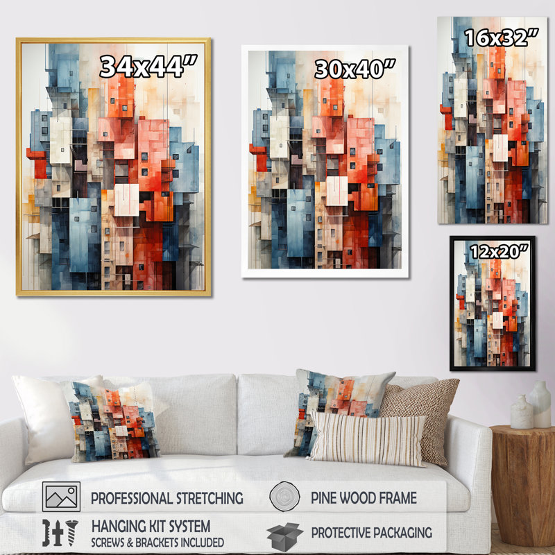 " Multicolor Cubic Skyscrapers Cityscape ", Wrapped Canvas, 32" H x 16" W