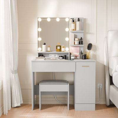 Chenana 36.9''W Gray Makeup Vanity with Lighted Mirror, Charging Station & Adjustable Storage - CARB Certified