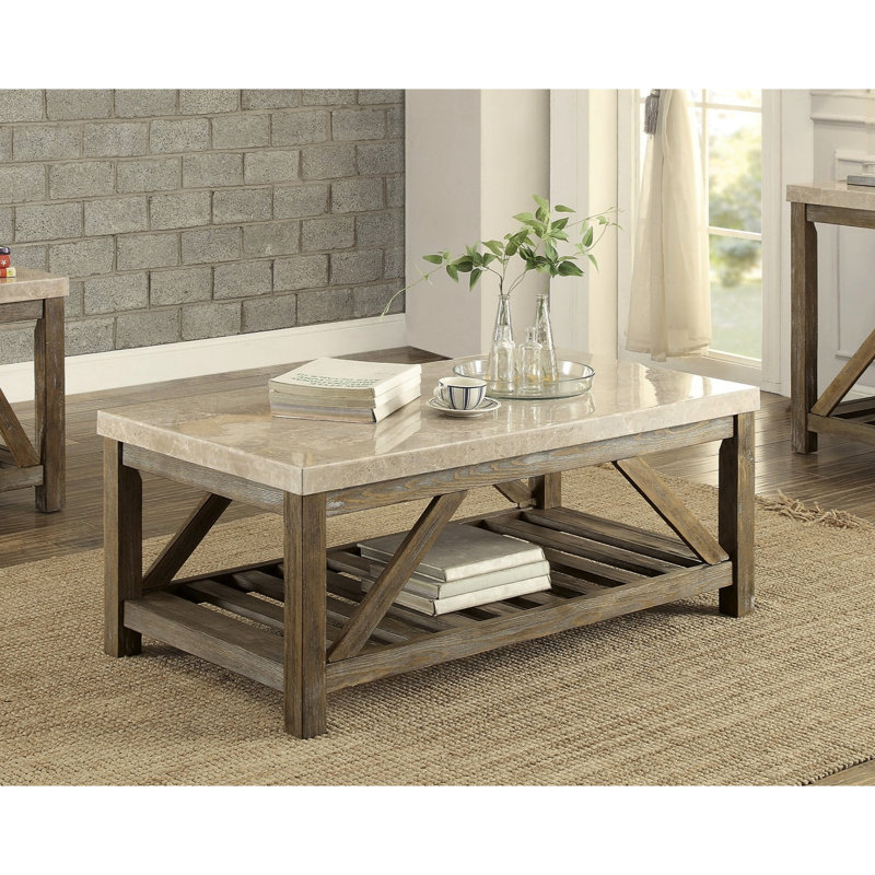 Table en bois de style industriel avec plateau et étagère inférieure en marbre, style cocktail blanc crème, support incliné