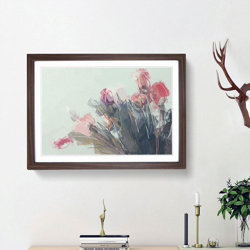 Bunch of Pink Tulips in Abstract - Picture Frame Art Print, 27cm H x 36cm W x 2cm D, Walnut Framed