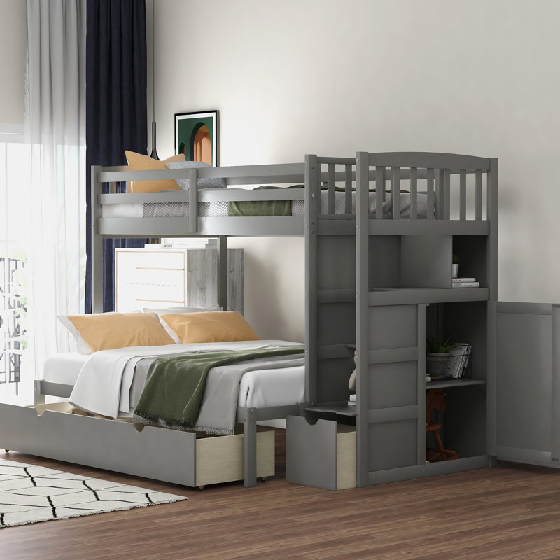 Convertible Bunk Bed With Extra Storage Capacity - Gray Twin Upper And Adjustable Bottom, Gray, Full