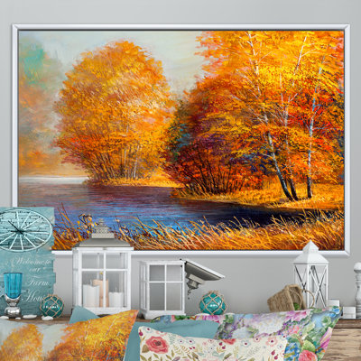 Autumn Lake Birch Wood - reproduction de cadre flottant sur toile