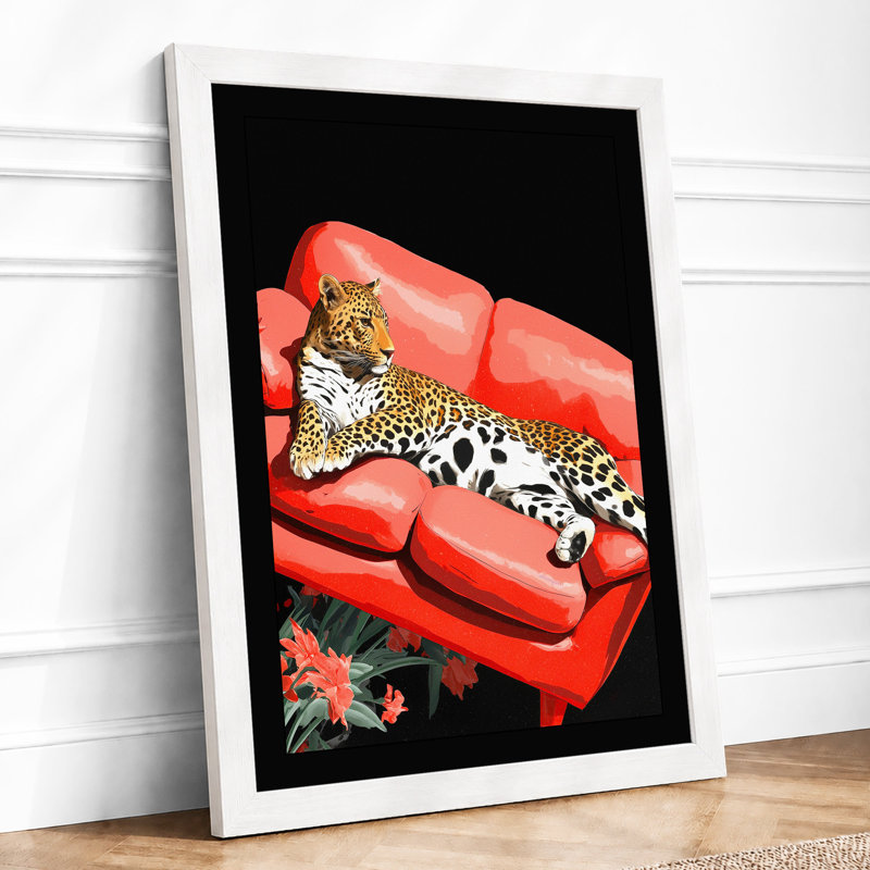 Leopard in Telephone Surrealism 1 Piece Single Picture Frame Wall Art, A1 - 84.1 x 59.4 cm, White