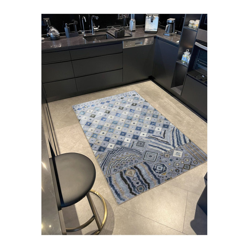 Tapis bleu tissé à motif géométrique lavable à la machine, Tapis de couloir 3 pi 3 po x 6 pi 7 po inclus