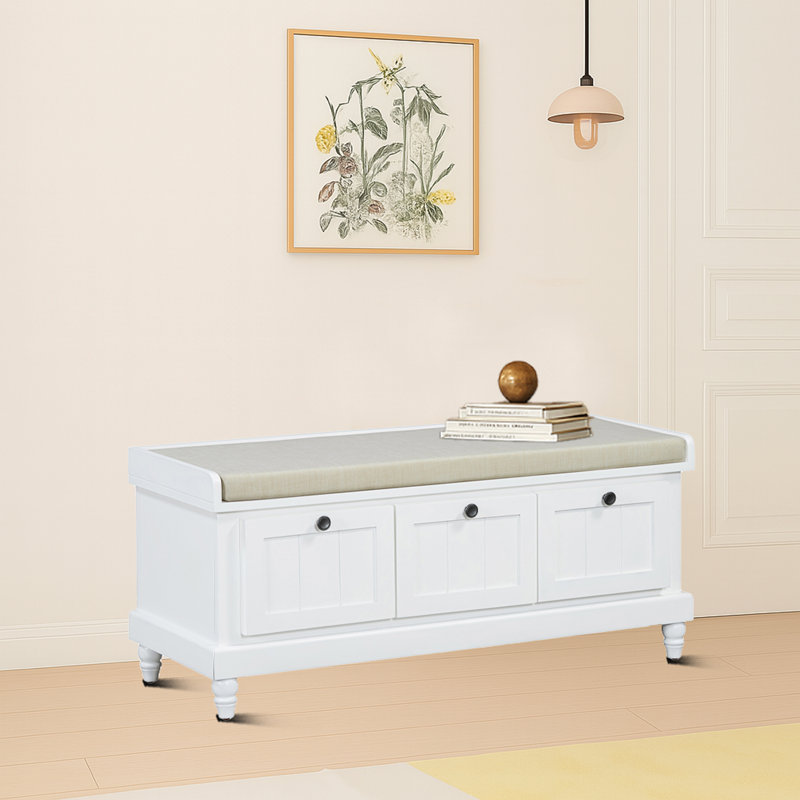 Banc de rangement de style campagnard avec banquette et tiroirs, Blanc