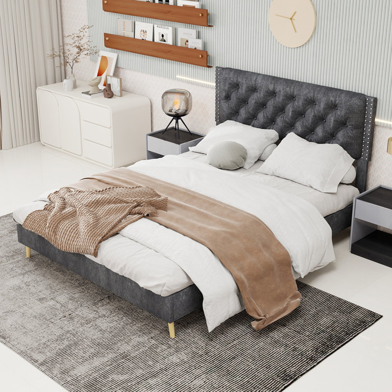 Lit tapissier en velours, Grand lit, Gris
