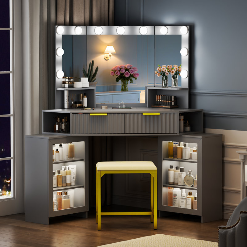 Corner Dressing Table - 11 Hollywood Bulbs with Human Sensor Module, Grey