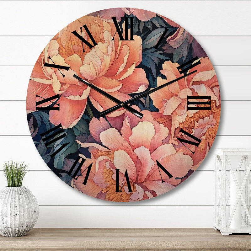 Horloge murale surdimensionnée en bois pivoine rose captivante II, Petit