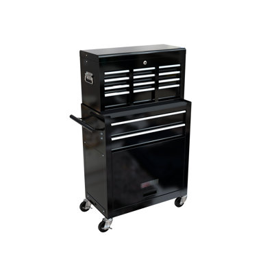 8 - Drawer Black Rolling Tool Chest Of High Capacity, Steel Cabinet, 4" , Central Locking, Hanging, Work Surface Capacity Chest, Unit, Lockable Drawers, Working Panel, Hooks For Arrangement