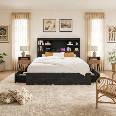Structure de lit avec tête de lit, 4 tiroirs et station de charge pour la chambre à coucher