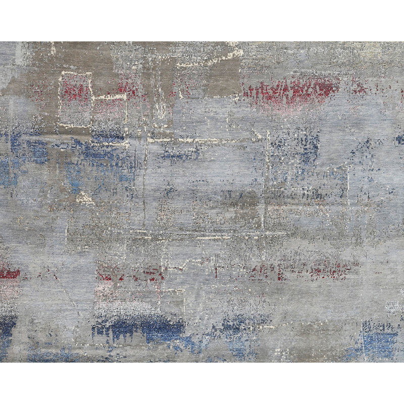 Tapis gris / rouge / bleu noué à la main de haute qualité, Rectangle 12 pi x 15 pi