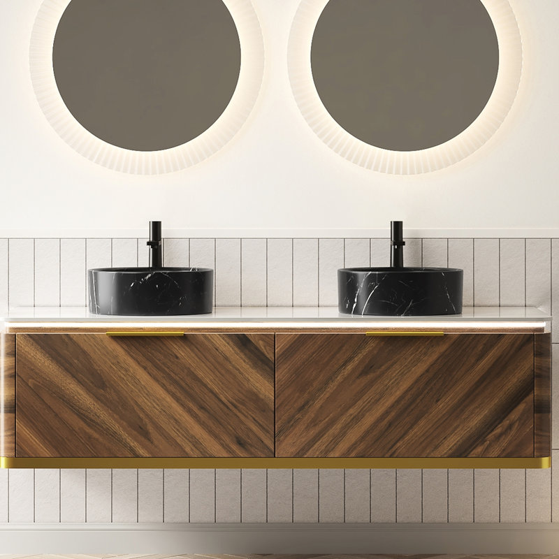 60" Floating Bathroom Vanity With High - Quality Black Round Ceramic Sinks, Sintered Stone Countertop, 2 Drawers Sensor , Dark Walnut Plywood Storage, Pre Assembled, Soft Close Drawer Slides, Night