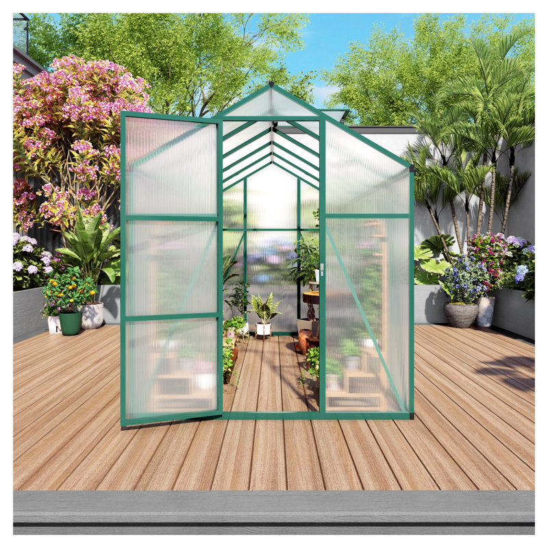 Serre en aluminium robuste de 6 x 10 pi avec panneaux en polycarbonate, base surélevée et cadre coupe-vent pour le jardinage extérieur
