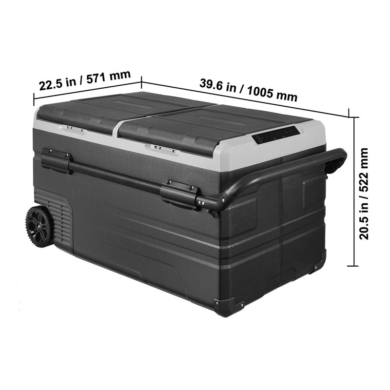 Réfrigérateur et congélateur portatifs à double zone de 115 L avec roulettes, contrôle de la température de -20 °C à 20 °C, compresseur 12/24 V CC et 100-240 V CA pour le camping, les véhicules récréatifs et les activités de plein air.