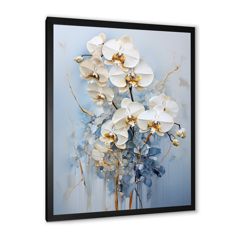 Orchidées beiges et dorées simplicité V, Cadre simple noir, H 32 po x l 24 po x P 1 po