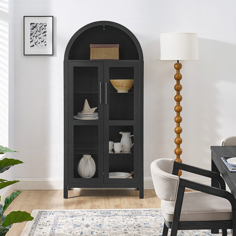 Armoire de rangement moderne en bois de style rétro avec des cloisons en verre réglables et une conception arquée pour une utilisation multifonctionnelle dans la cuisine