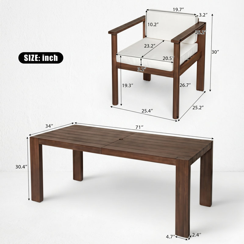 Ensemble de salle à manger 71 pièces en bois d'acacia 71 po avec coussins, moka et beige