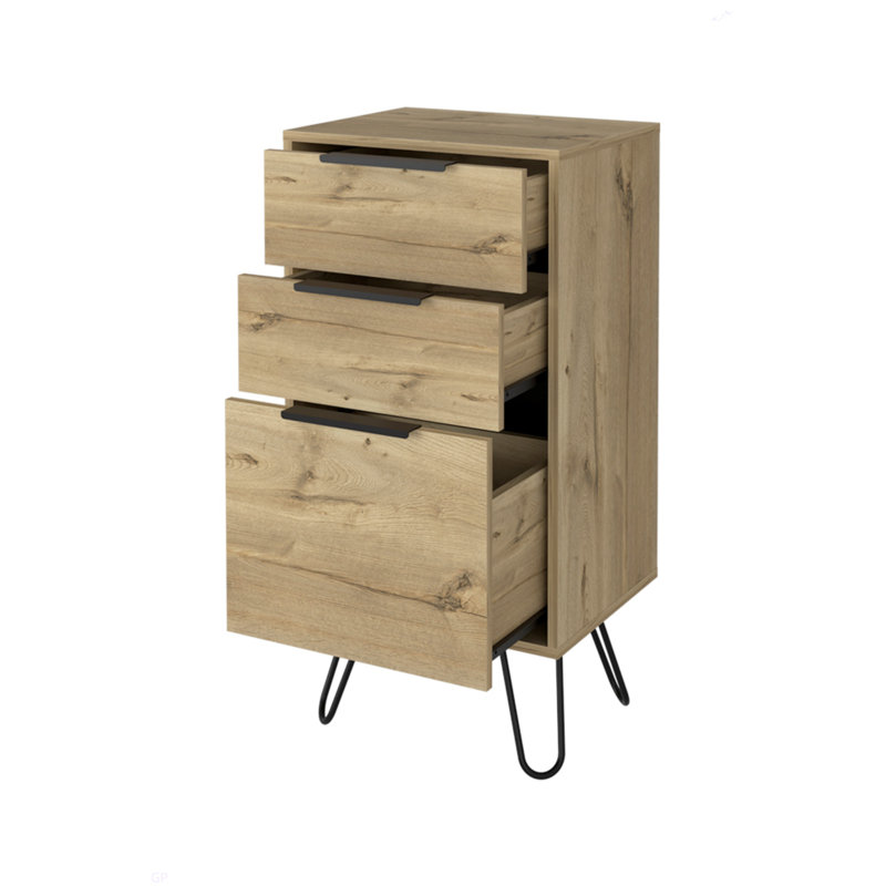 Commode légère Skyoner, pieds en épingle à cheveux, plateau supérieur, trois tiroirs, Beige