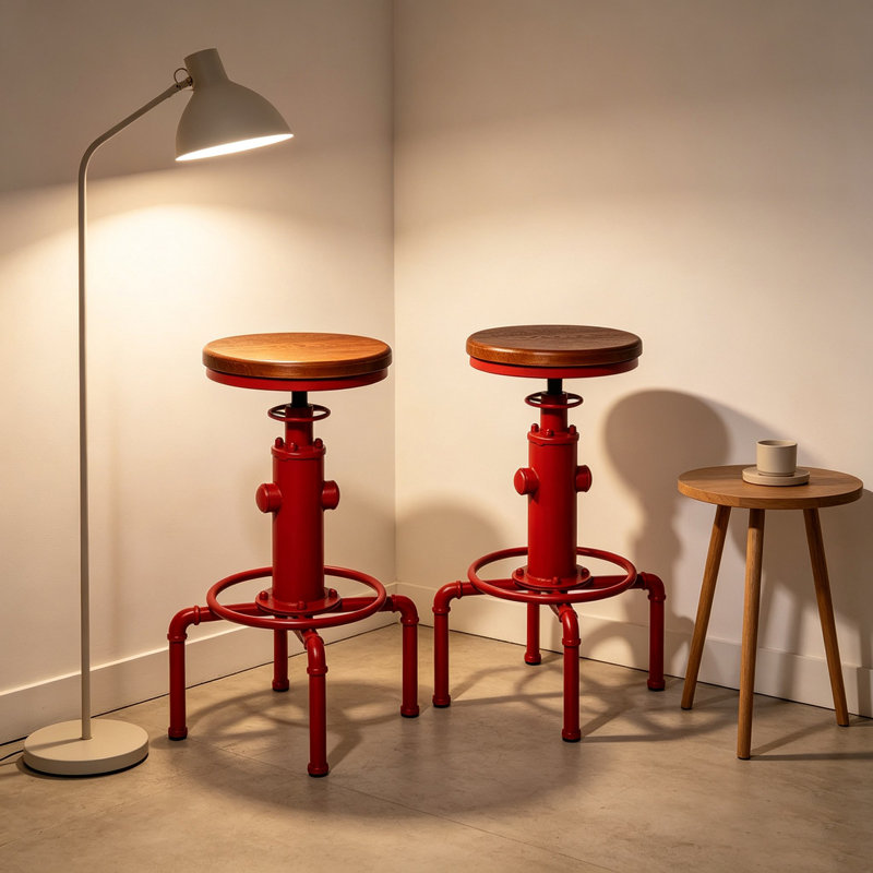 Dicle Swivel Solid Wood Adjustable Height Bar Stool, 2, Brown/Red