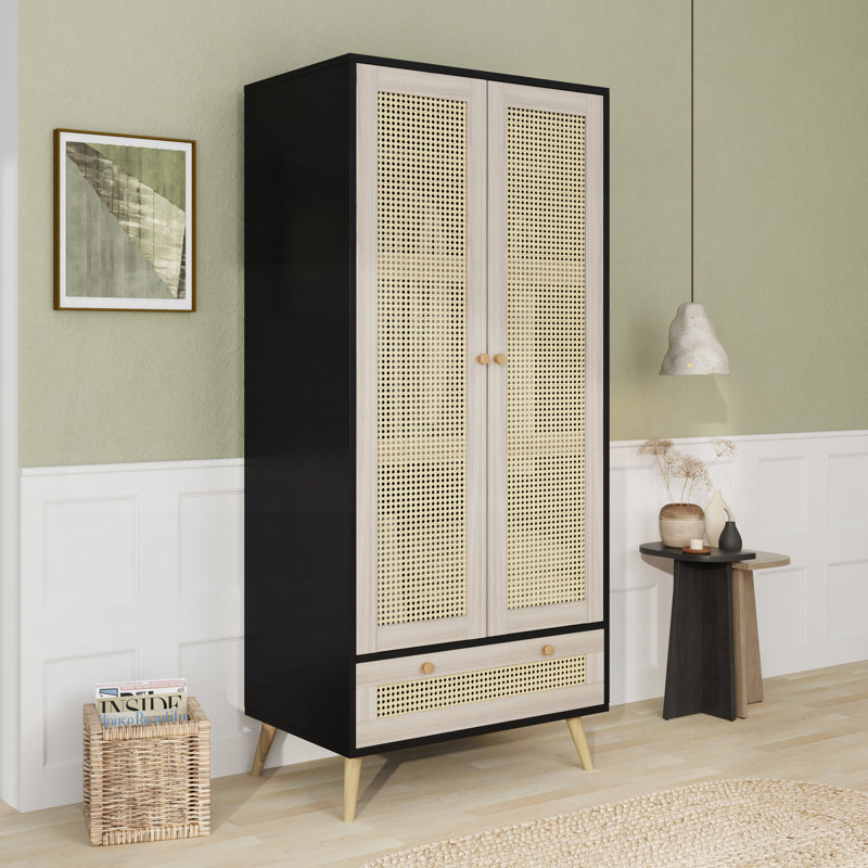 70.8" Tall Armoire Wardrobe Closet With 2 Rattan Doors & 1 Drawer, Boho Wooden Clothes Storage Cabinet With Hanging Rod For Bedroom