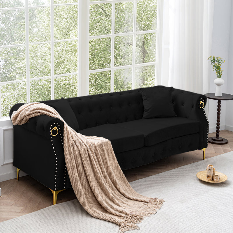  83.5" Velvet Chesterfield Tufted Sofa, Black
