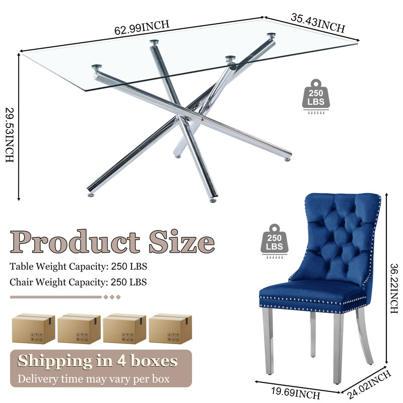5-Piece Modern Dining Set – Rectangular Glass Table With Mirrored Metal Base & 4 Velvet Upholstered Chairs, Silver/Blue