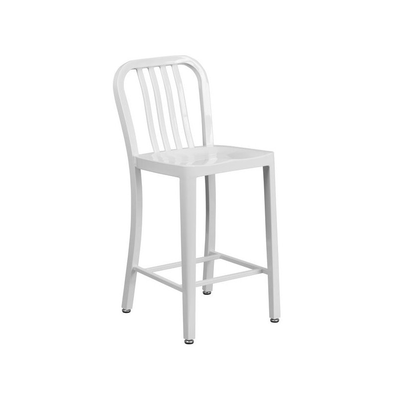 Commercial Grade Metal Indoor-Outdoor Stool with Vertical Slat Back, White, Counter Stool (61cm Seat Height)