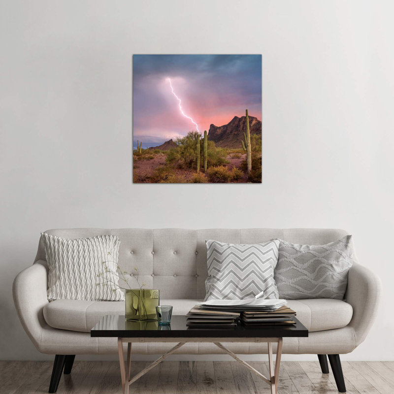 Saguaro (Carnegiea Gigantea) Cacti with Lightning Over Peak in Desert, Picacho Peak State Park, Arizona 1 Piece Wrapped Canvas Wall Art