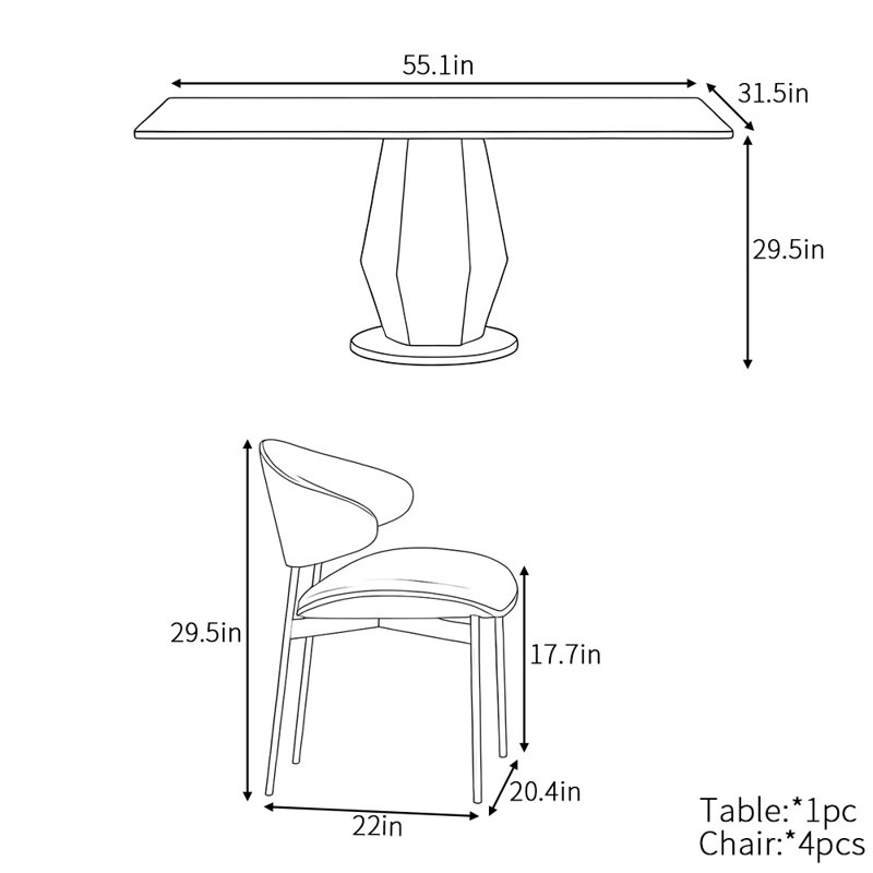 Ensemble de table minimaliste luxueux de style italien, H 29,5 po x L 55,1 po x l 31,5 po