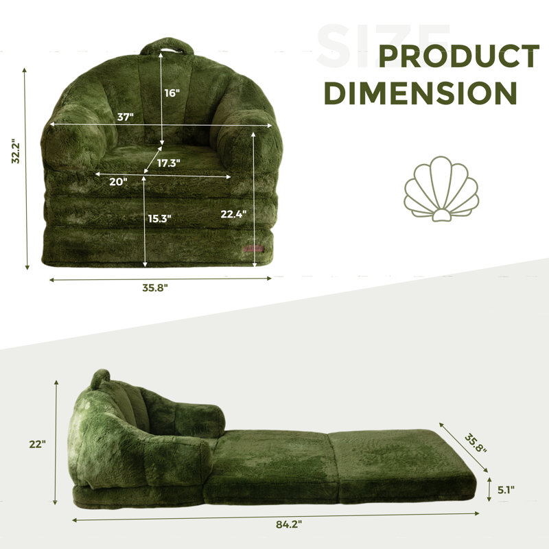 2 In 1 Convertible Green Faux Fur Bean Bag Sofa Chair, Green Faux Fur