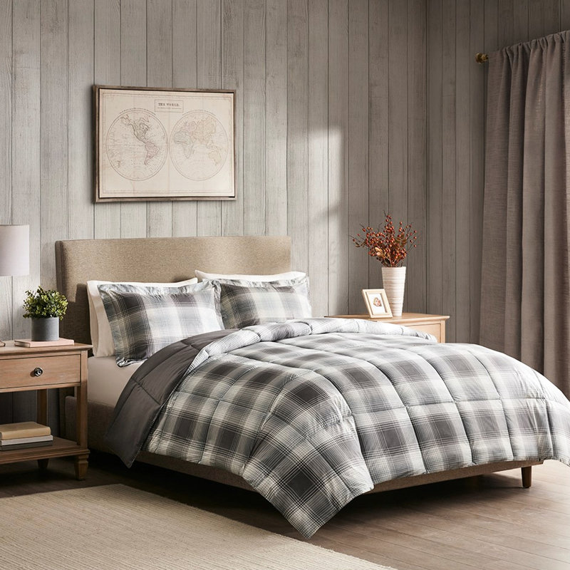 Édredon double / double en duvet synthétique à carreaux gris avec 2 taies décoratives et rembourrage lavable à la machine