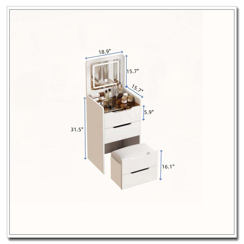 3 Drawers Vanity Desk with Plip Top Mirror,Small Make Up Vanity Set with Visible Glass Desktop, White