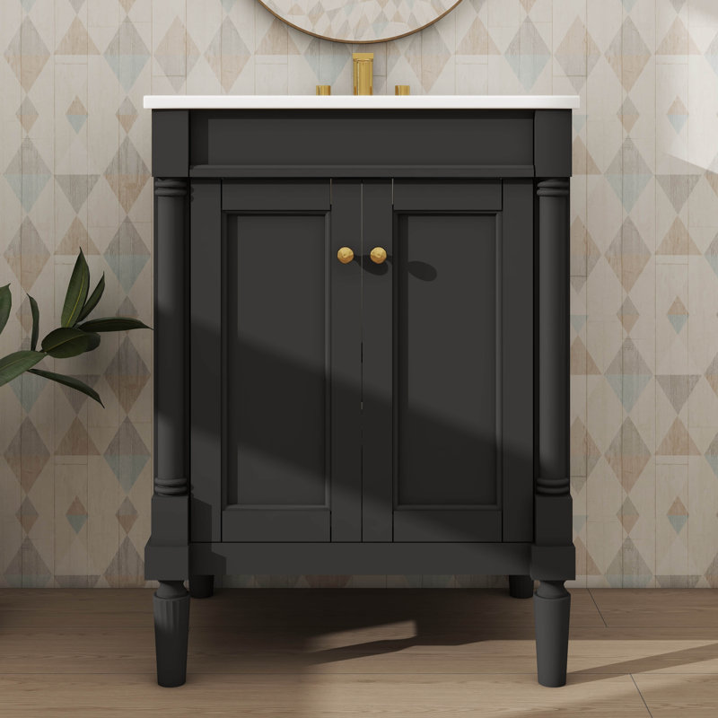 Meuble-lavabo contemporain de 24 po avec lavabo sur pied et armoire de rangement à deux niveaux, Noir, Doré