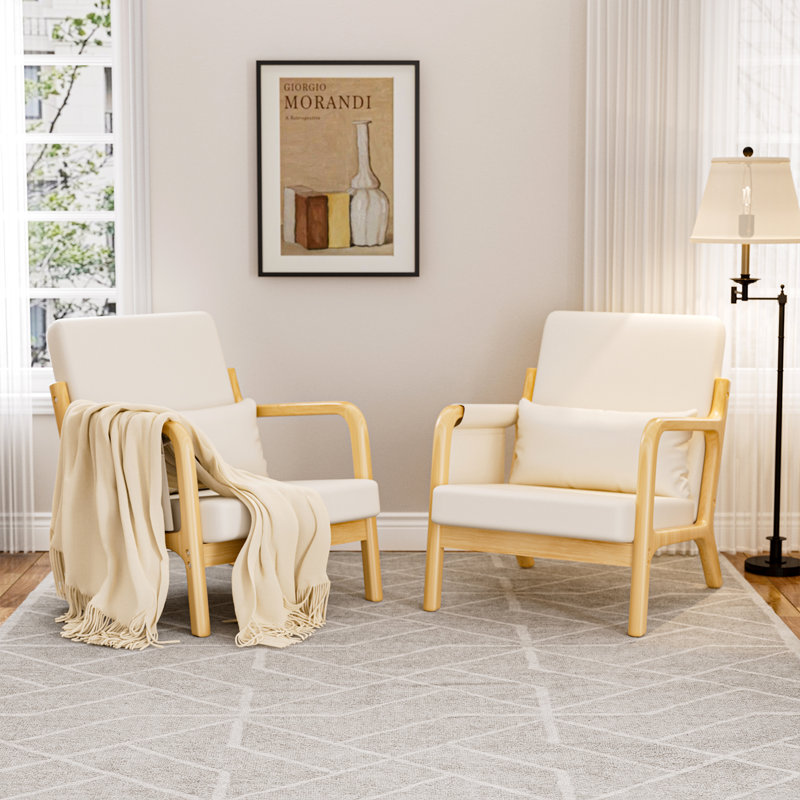 Armchair Accent Living Room Chair, Wooden Upholstered Single Sofa with Thick Cushion and Wide Seat, Modern Leisure Cozy Reading Chair with Side Pocket For Bedroom Balcony Office, Beige, Cheboygan Accent