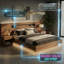 Base de lit flottante moderne avec lumières DEL et station de charge, tête de lit ondulée au fini chêne, pas de sommier nécessaire, pieds cachés-770397904
